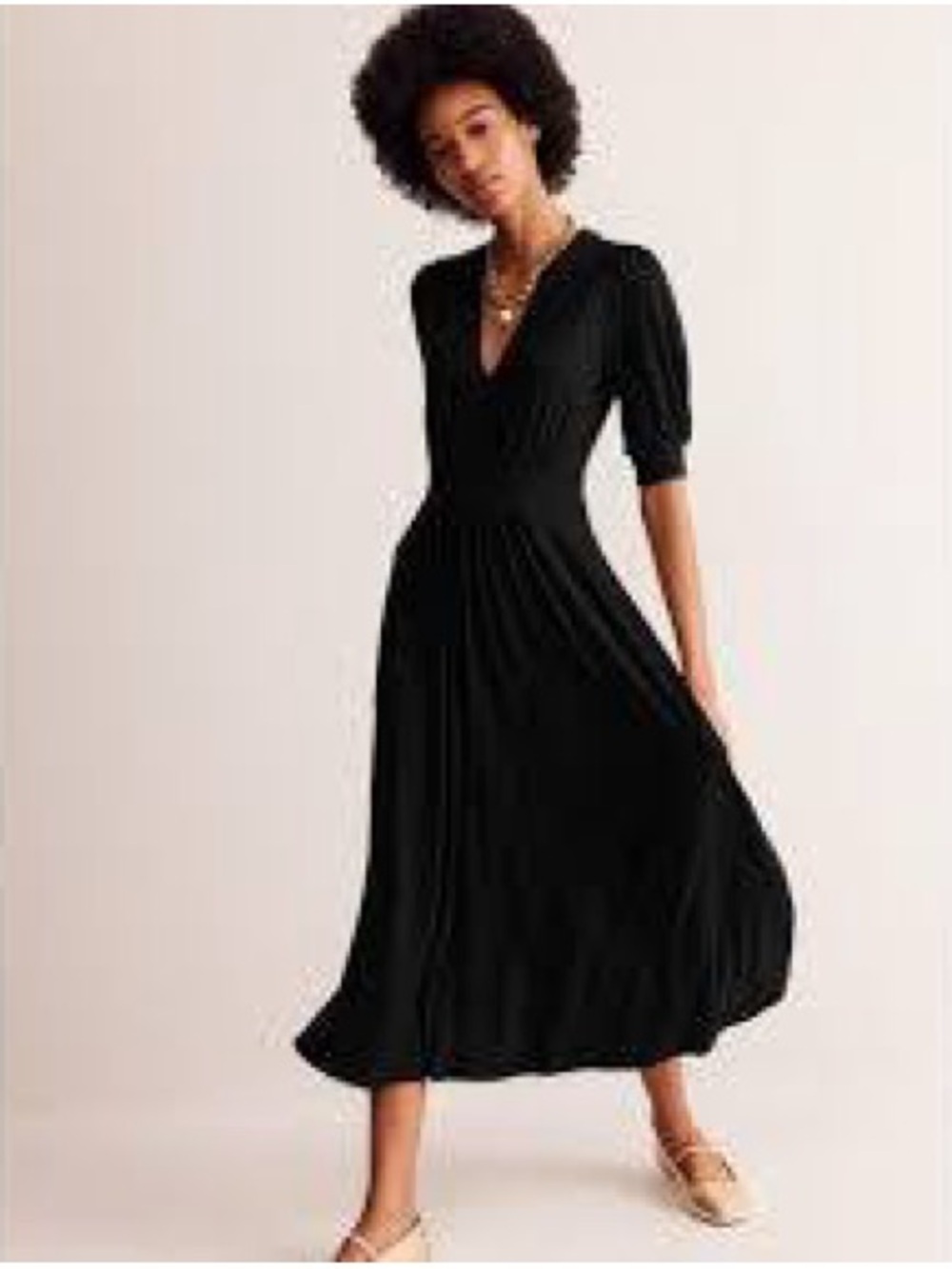 Boden Lily Size 4 Jersey Midi Tea Dress Black Puff Sleeves Pockets Empire Waist